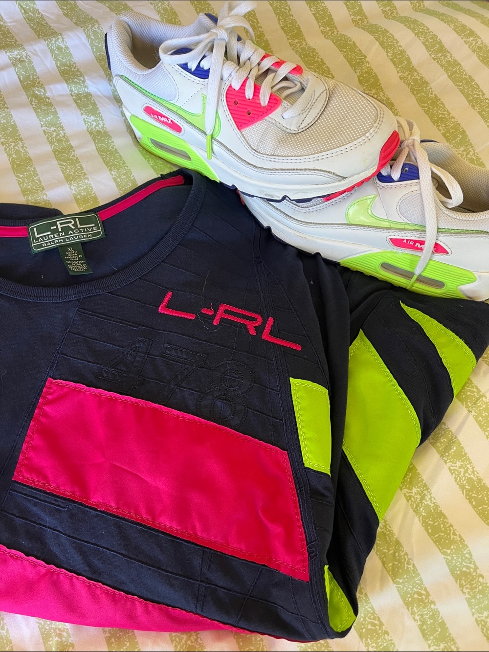 Women’s Long Sleeve Top in Navy with Pink & Lime Accents Sneakers sold separate